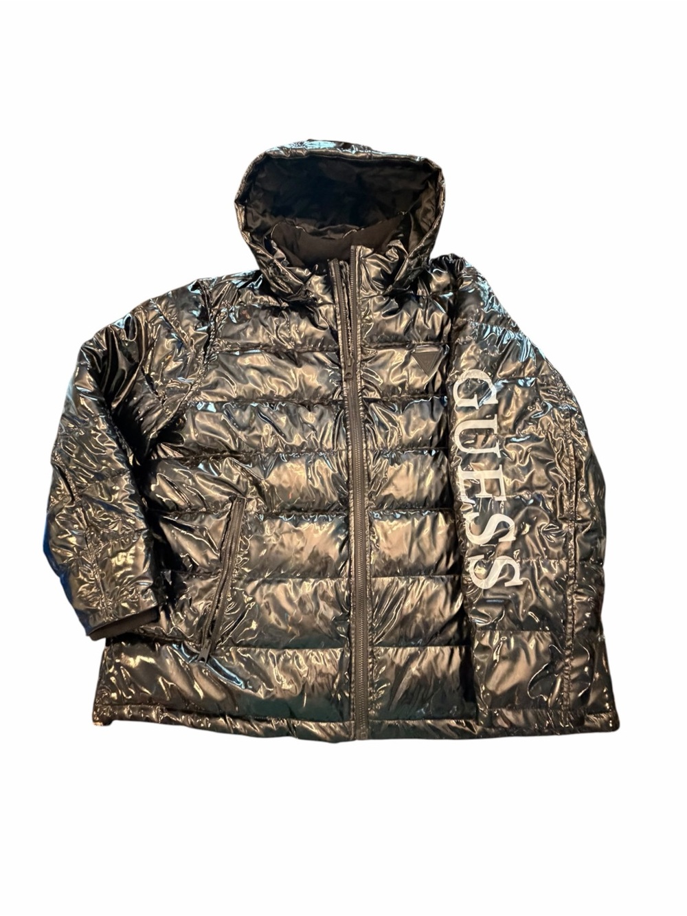 GUESS Men's Holographic Hooded Puffer Jacket Black GRAPHITE Shine Glossy XXL